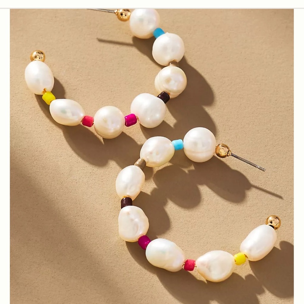 Camila Coelho Colorful Beaded Freshwater White Pearl Hoop Earrings